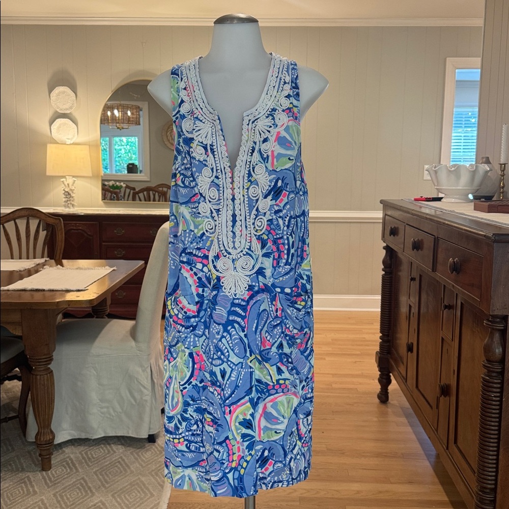 LILLY PULITZER Womens Carlotta Stretch Blue Coastal Lime Print Dress Pink SZ 10